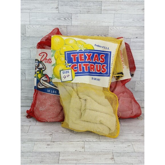 Vintage Lot of 3 Texas Oranges Lemons Mesh Bushel Bags Bag Fruit Donna Citrus - Picture 3 of 16